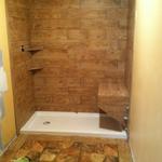 wood grain wall tile and custom freestanding seat