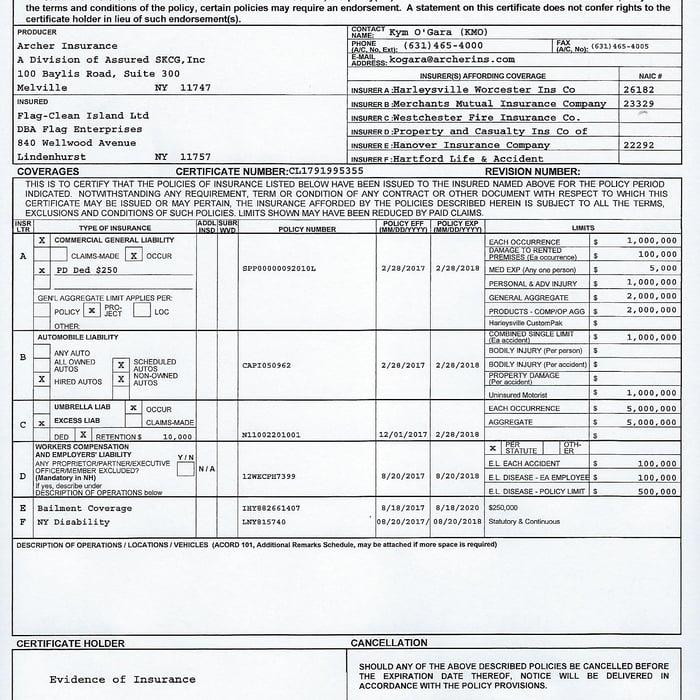 Certificate of Liability Insurance