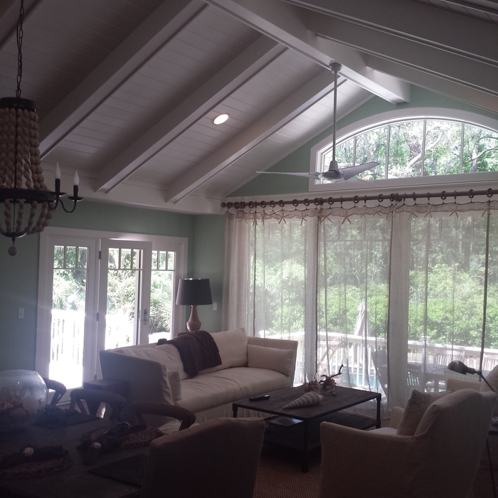 beadboard ceiling and exposed beams