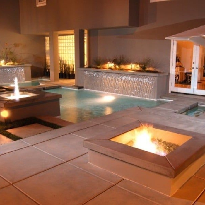 contemporary pool, water fountain and fire pit