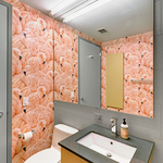 Wallpapered Bathroom.