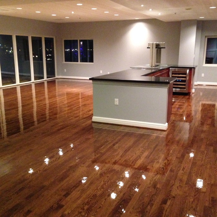 Floor is wet, will be semi gloss once dried.
