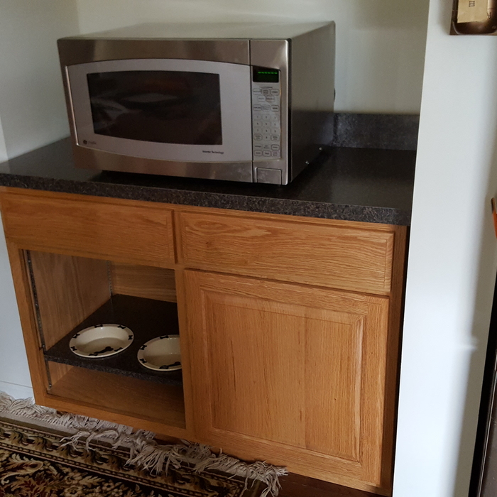 microwave and dog feeding station installed