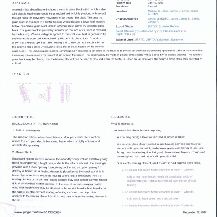 Stationary Ceramic Glass Electric Baseboard Patent