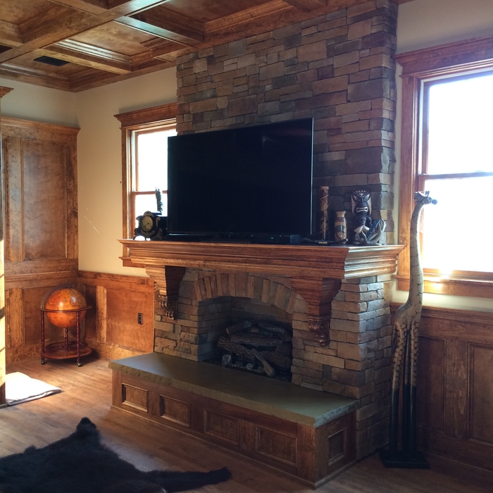 Stacked Stone fire place.