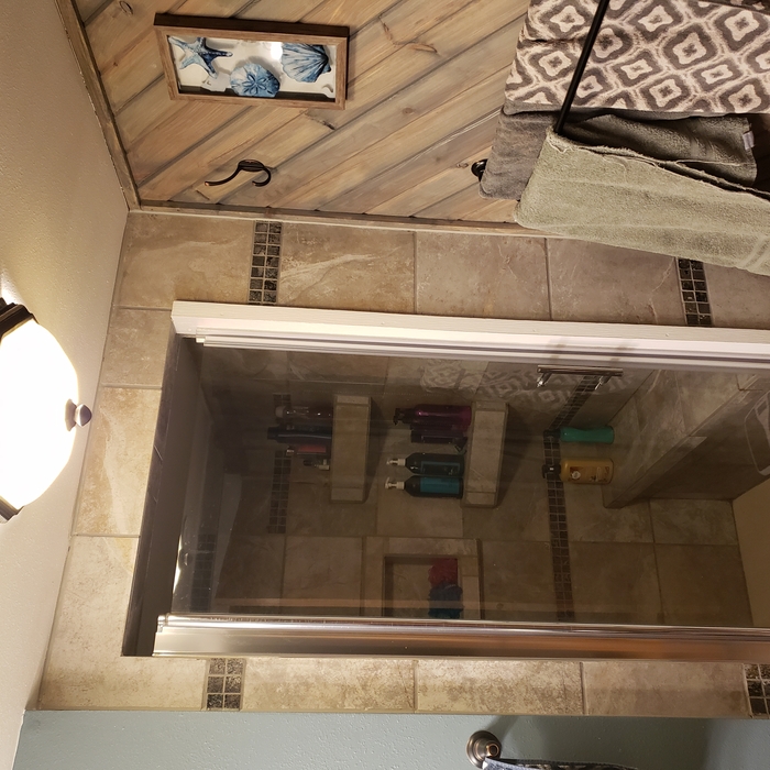 Tile shower with Bench and Shelves