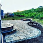 Brick Patio with Steps, firepit, and sitting wall