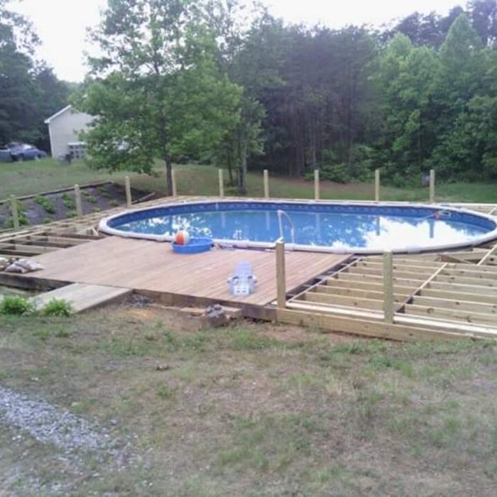 Split level above ground pool deck