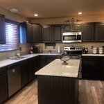 Black bean soup on oak cabinets