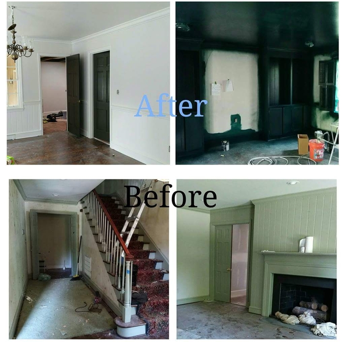 Wallpaper removal, drywall repair. Repainted walls, trim, ceiling