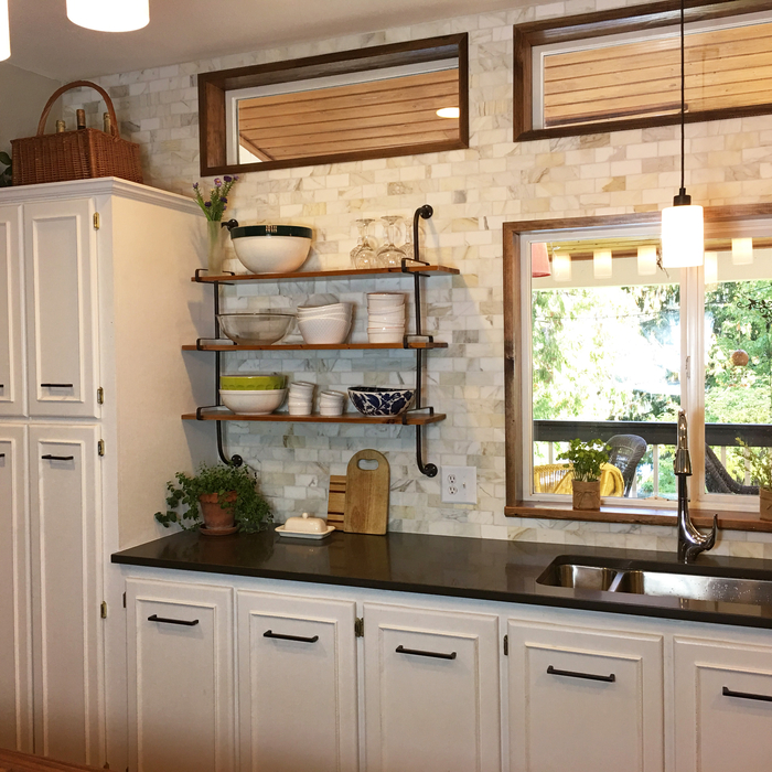 Subway tile with open shelving